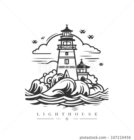Lighthouse in the ocean on the small rocky island vector logo emblem. Lighthouse tower mascot 107210456