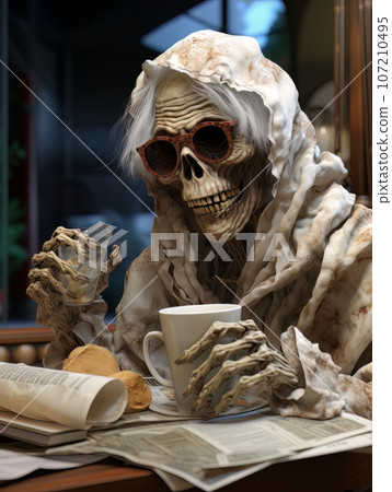 Creepy ghost reading newspaper at the table in a coffee shop. AI 107210495