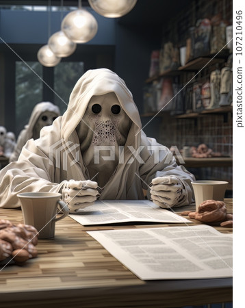 Creepy ghost reading newspaper at the table in a coffee shop. AI Creepy ghost reading newspaper at the table in a coffee shop. AI 107210496
