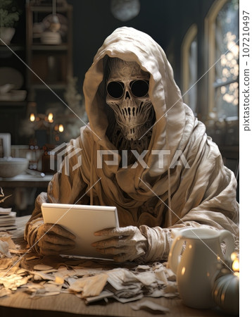 Creepy ghost reading newspaper at the table in a coffee shop. AI Creepy ghost reading newspaper at the table in a coffee shop. AI 107210497