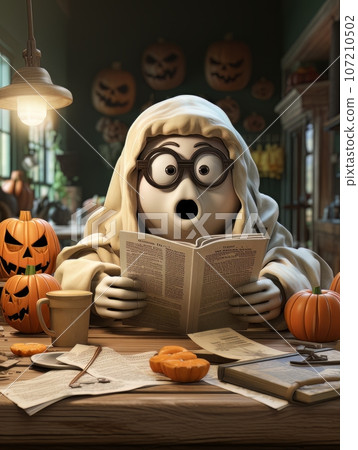 Cute cartoon ghost reading newspaper at the table in a coffee shop. AI Cute cartoon ghost reading newspaper at the table in a coffee shop. AI 107210502