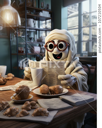 Cute cartoon ghost reading newspaper at the table in a coffee shop. AI Cute cartoon ghost reading newspaper at the table in a coffee shop. AI 107210504