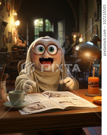 Cute cartoon ghost reading newspaper at the table in a coffee shop. AI 107210505