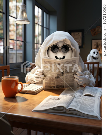 Cute cartoon ghost reading newspaper at the table in a coffee shop. AI 107210506