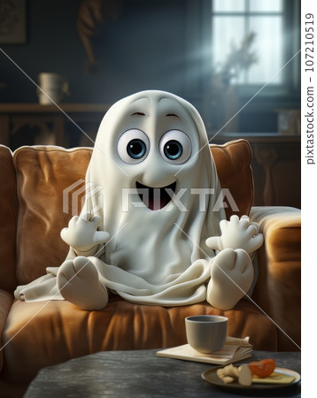 Cute cartoon ghost watching TV in a sunny room. AI 107210519