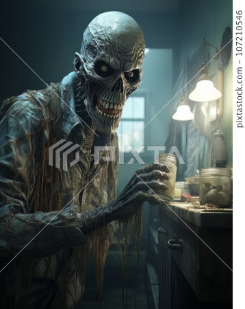 Creepy ghost dementor in white robe with predatory grin on his skull. AI 107210546