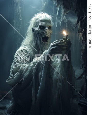 Creepy ghost dementor in white robe with predatory grin on his skull. AI Creepy ghost dementor in white robe with predatory grin on his skull. AI 107210549