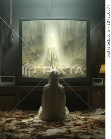 Creepy ghost woman in white sheet watching TV. AI Creepy ghost woman in white sheet watching TV. AI 107210577
