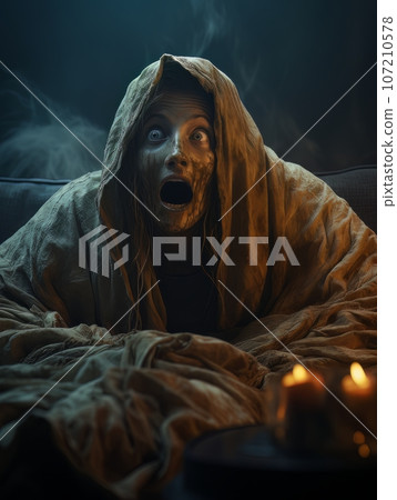 Creepy ghost woman in dirty sheet watching TV. AI Creepy ghost woman in dirty sheet watching TV. AI 107210578