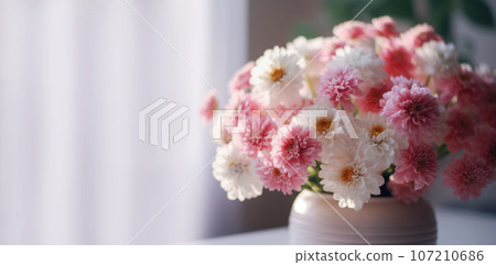 Banner with white pink flowers isolated on table in livingroom.Holiday gift with Birthday, flat lay, top view, copy space.Generated by AI Banner with white pink flowers isolated on table in livingroom.Holiday gift with Birthday, flat lay, top view, copy space.Generated by AI 107210686