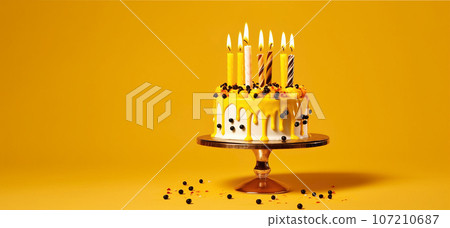 Birthday blueberry cake with candles and drip yellow frosting on a stand on a yellow background. Banner for Birthday party. Generative AI 107210687