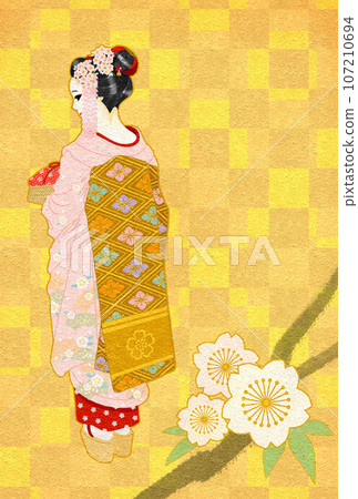 舞妓新年賀卡，帶有可愛的寬鬆腰帶（櫻花），無文字，背景金葉風格 107210694