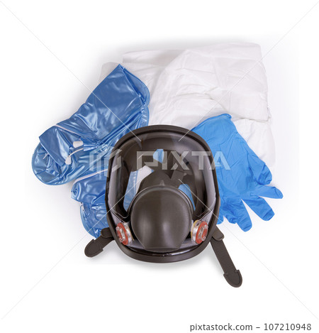 Full face gas mask, protective clothing, gloves and shoes. 107210948