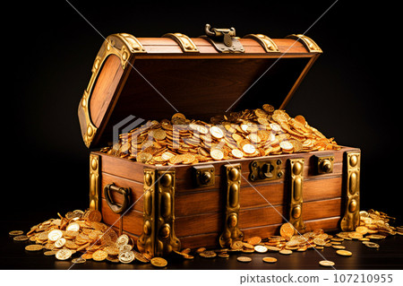 Image of a treasure chest filled with gold coins 107210955