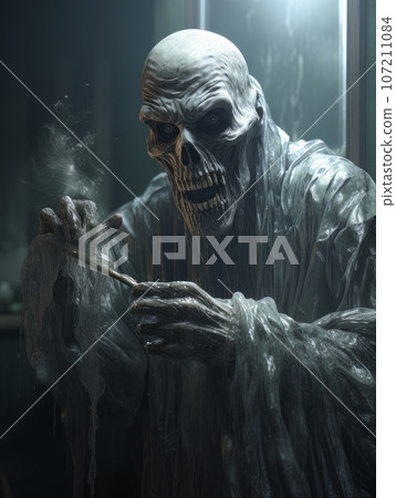 Creepy ghost dementor in white robe with predatory grin on his skull. AI 107211084