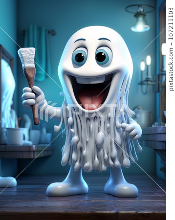 Cartoon white ghost with a toothbrush to clean his teeth, AI Cartoon white ghost with a toothbrush to clean his teeth, AI 107211103