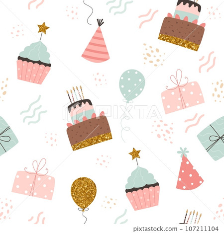 Happy birthday pattern. Cakes, balloons, gifts and party hats. Festive background in simple style, vector illustration 107211104