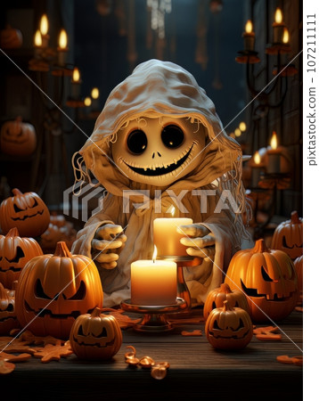 Cartoon white ghost sitting at a table with pumpkin by candlelight, AI Cartoon white ghost sitting at a table with pumpkin by candlelight, AI 107211111