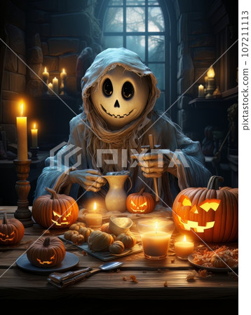 Cartoon white ghost sitting at a table with pumpkin by candlelight, AI 107211113