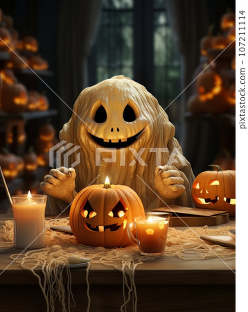 Cartoon white ghost sitting at a table with pumpkin by candlelight, AI 107211114