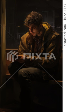 Stylish hipster man looking at phone in subway car AI 107211147