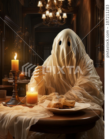 Cartoon white ghost eats dinner by candlelight, AI Cartoon white ghost eats dinner by candlelight, AI 107211283