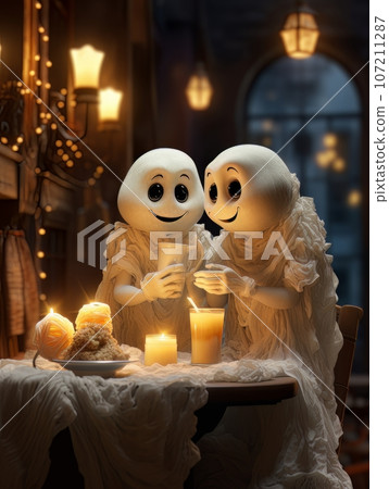 Two cartoon ghosts eating romantic dinner by candlelight, AI 107211287