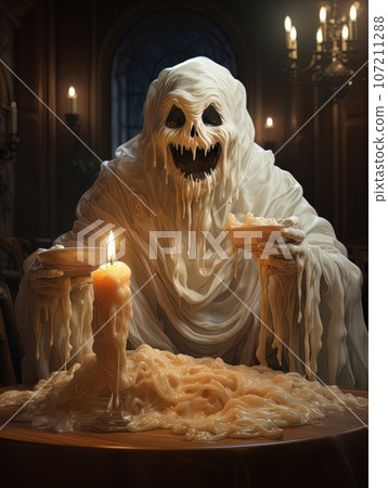 Creepy ghost dementor eats dinner by candlelight, AI 107211288