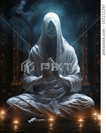 Dementor ghost in white sheet doing yoga, sitting in the lotus position, AI 107211297