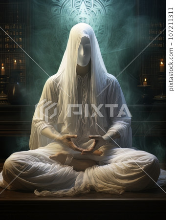 Dementor ghost in white sheet doing yoga, sitting in the lotus position, AI 107211311