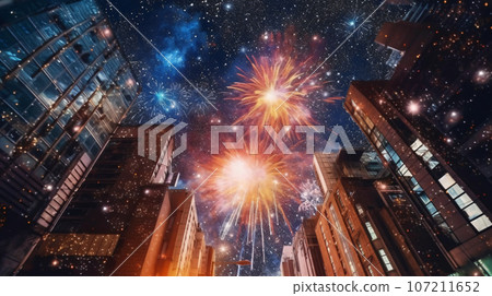 Beautiful fireworks display downtown cityscape with road, celebration and count down to new year concept illustration. Generative AI 107211652