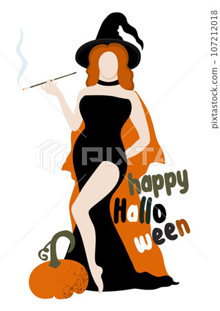 Happy Halloween. Holiday concept. Young smoking witch with a pumpkin. Vector isolated illustration with lettering. 107212018