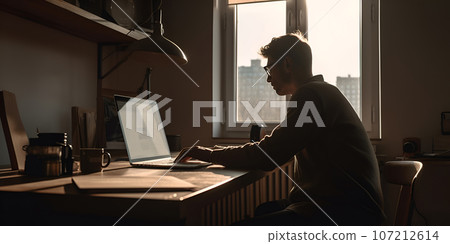Side view of a handsome young businessman in glasses working with a computer remotely while sitting at a wooden table. Pleasant happy man communicates in a social network, searches for information on Side view of a handsome young businessman in glasses working with a computer remotely while sitting at a wooden table. Pleasant happy man communicates in a social network, searches for information on 107212614