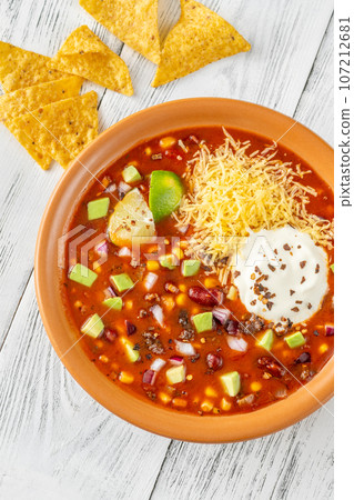 Bowl of taco soup 107212681