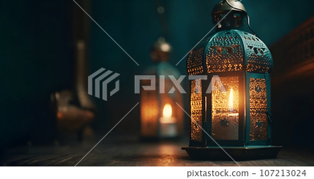 Ramadan lamps lit up against background of AI-generated illuminated decorative lighting banner for Islamic New Year 107213024