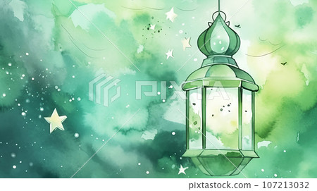 Watercolor drawing of hanging lantern on green background with stars banner for Eid al-Adha holiday and Islamic new year, AI generated 107213032
