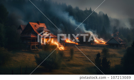 A village standing near a forest burns in a fire, environmental and human tragedy, ecology problem and earth protection, earth protection day, AI generated illustration 107213089