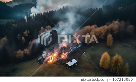 Fire in the forest and a burning farm near the forest, environmental tragedy, fire top view, ecology problem and earth protection, earth protection day, AI generated illustration 107213090