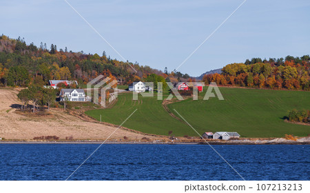 Norwegian landscape with colorful countryside wooden houses 107213213