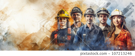 Group of workers painted in watercolor with copy space for text, labor day banner or card idea, Generative AI 107213246