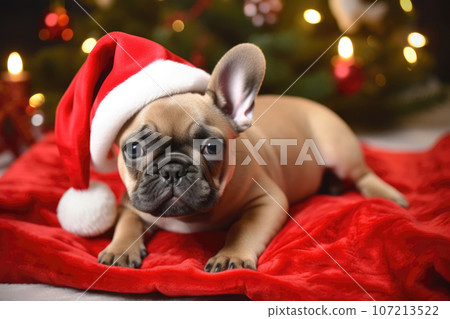 Cute French bulldog wearing santa hat on the christmas tree background 107213522