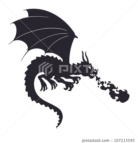 Cartoon fire breathing dragon. Flying winged reptile silhouette, scary medieval dragon flat vector illustration. Dragon silhouette 107213595