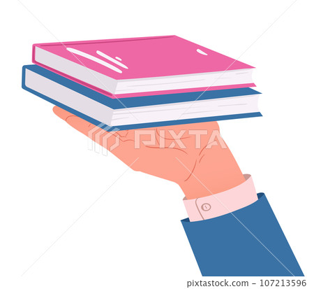 Cartoon hand holding book stuck. Hand holding books, reading, studying and literature loving concept flat vector illustration. Paper books in human hand Cartoon hand holding book stuck. Hand holding books, reading, studying and literature loving concept flat vector illustration. Paper books in human hand 107213596