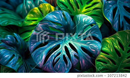 Futuristic plant monstera leaf pattern, idea for a banner or postcard, AI generated 107213842