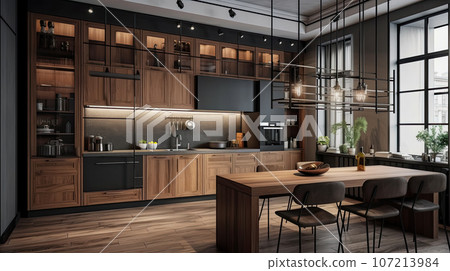 Design a home dining room or kitchen interior with a natural rustic modern design. AI generated Design a home dining room or kitchen interior with a natural rustic modern design. AI generated 107213984