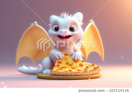 Cute cartoon dragon eats a piece of pizza. Illustration of an animal for menu and prints. Little cute dinosaur with a slice of pizza smiling and looking at the camera. Chinese New Year concept Cute cartoon dragon eats a piece of pizza. Illustration of an animal for menu and prints. Little cute dinosaur with a slice of pizza smiling and looking at the camera. Chinese New Year concept 107214116