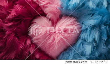 Colorful heart made of blue and pink feathers, banner idea or Gender reveal invitation. AI generated Colorful heart made of blue and pink feathers, banner idea or Gender reveal invitation. AI generated 107214432