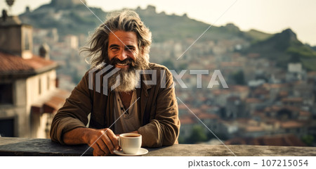 Smiling adult bearded man enjoying a morning cup of coffee in an old city cafe. 107215054