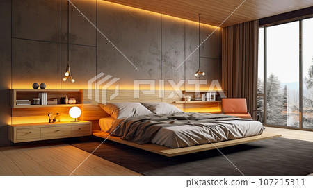 Illustration for house project, modern bedroom space, minimalist design. Illustration for house project, modern bedroom space, minimalist design. 107215311