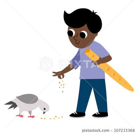Dark skinned boy feeding pigeon. Cute character icon isolated on white background. Funny kid with baguette vector illustration Dark skinned boy feeding pigeon. Cute character icon isolated on white background. Funny kid with baguette vector illustration 107215368